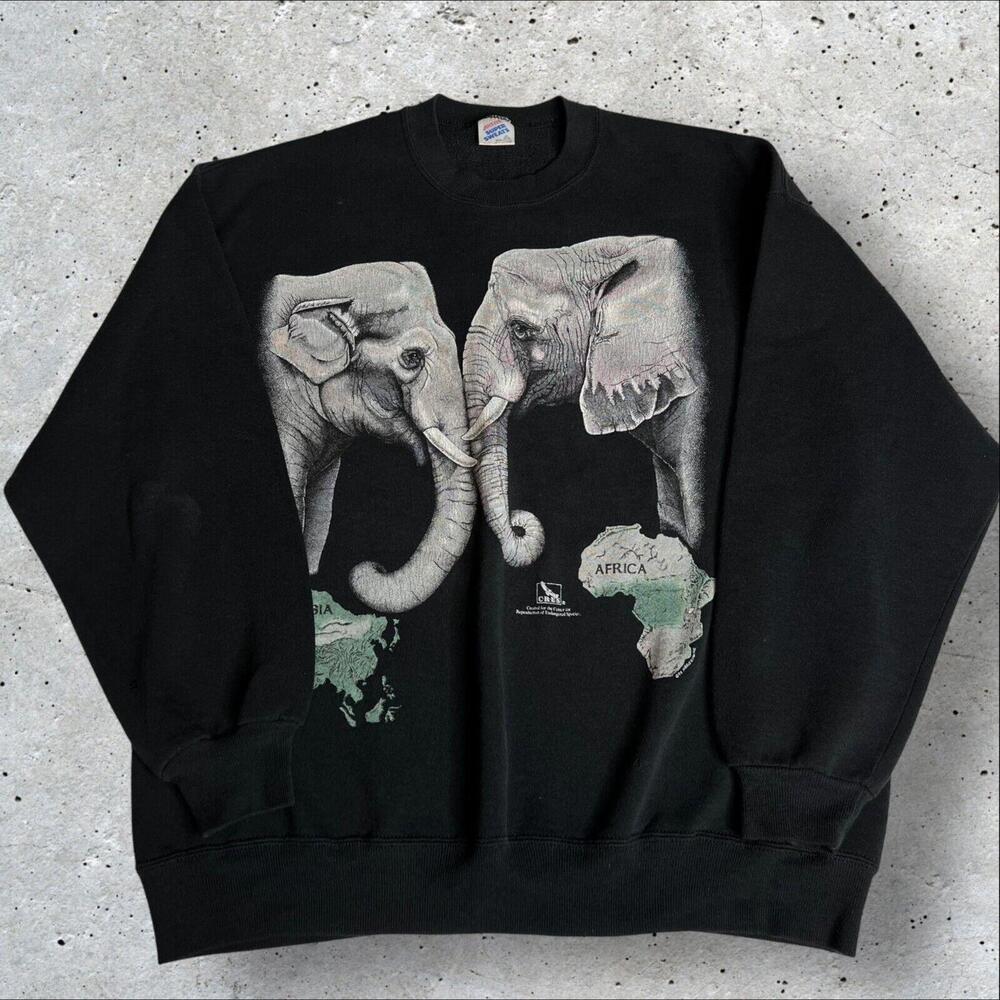 1992 CRES‎ Jerzees Nature Elephants Asia Africa Black T Shirt Size XL - Picture 3 of 8